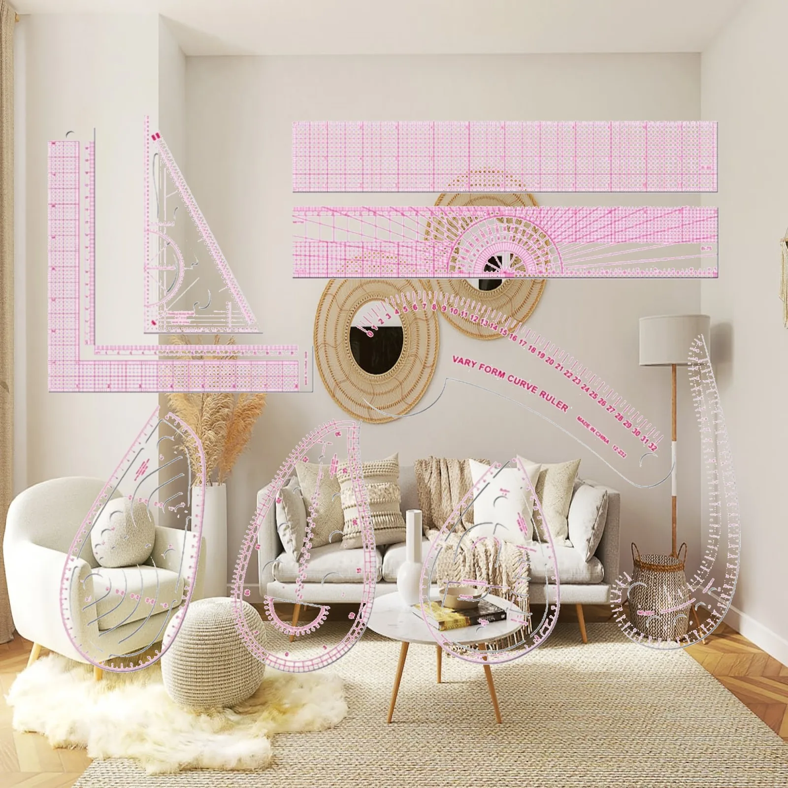 Clear PVC Sewing Pattern Ruler Set for Technical Drawing and Measuring with Pink Grid Lines for Dressmaking Tasks