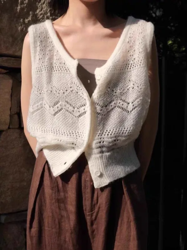 Women's Knitted Hollow out Vest Jacket Thin Fashionable Outerwear Summer New Arrival Spring Autumn 2026 Short V-Neck  Color