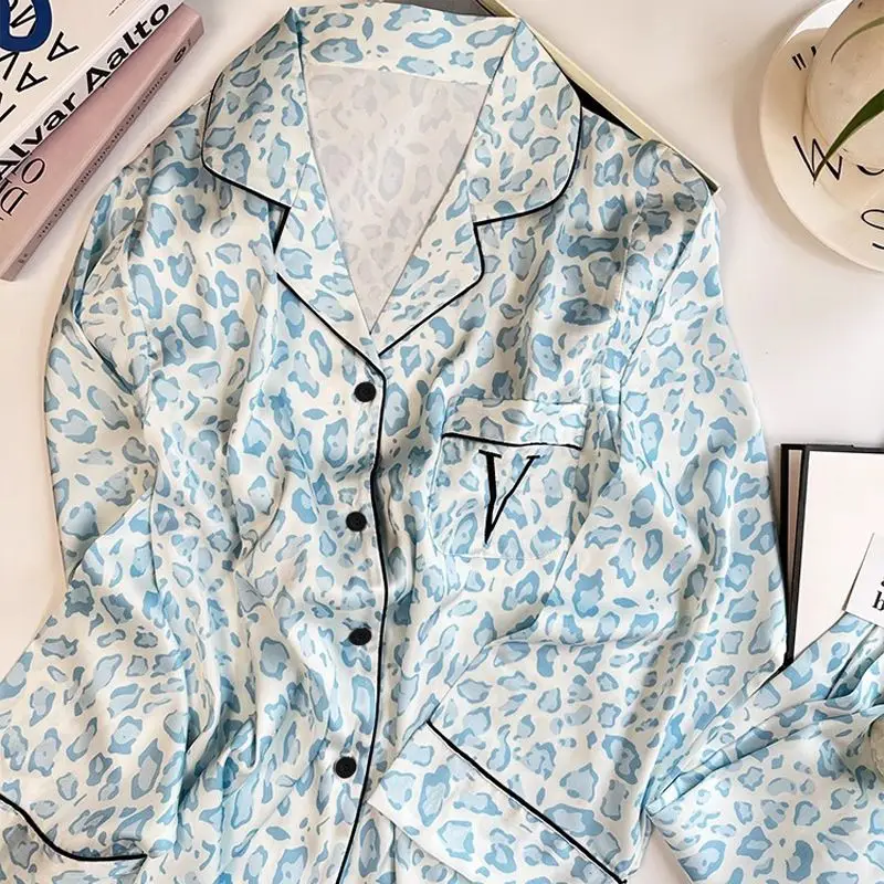 Silk Pajamas for Women Long-sleeved Spring and Autumn Sleepwear Fashion Pajamas Women's High-end Loungewear Suit Leopard Print