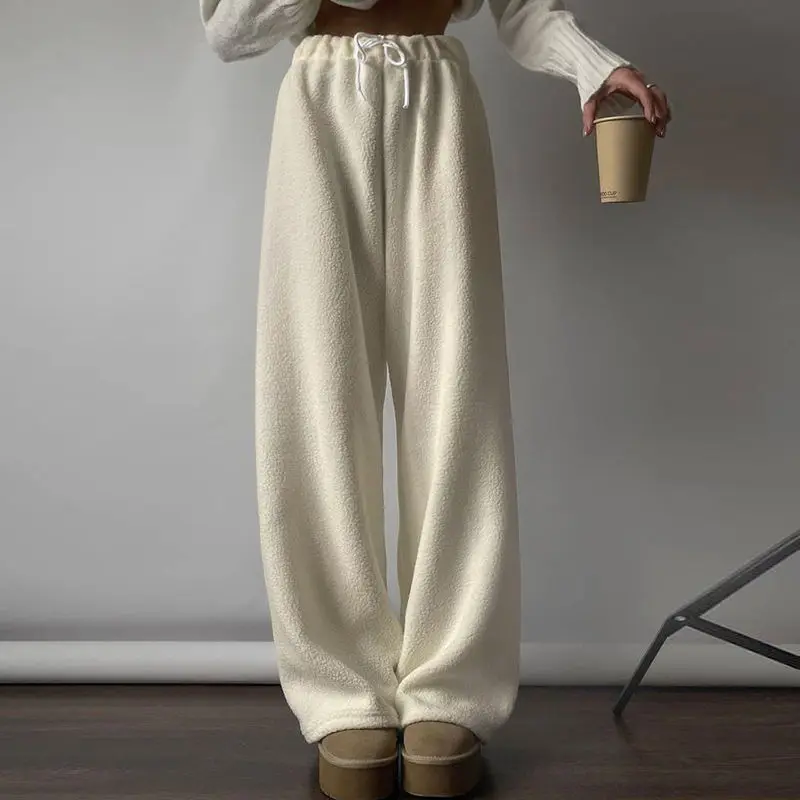 

Deeptown Vintage Basic Polar Fleece Pants Woman Korean Fashion Elastic Waist Solid Color Baggy Trousers Thick Warm Winter Casual