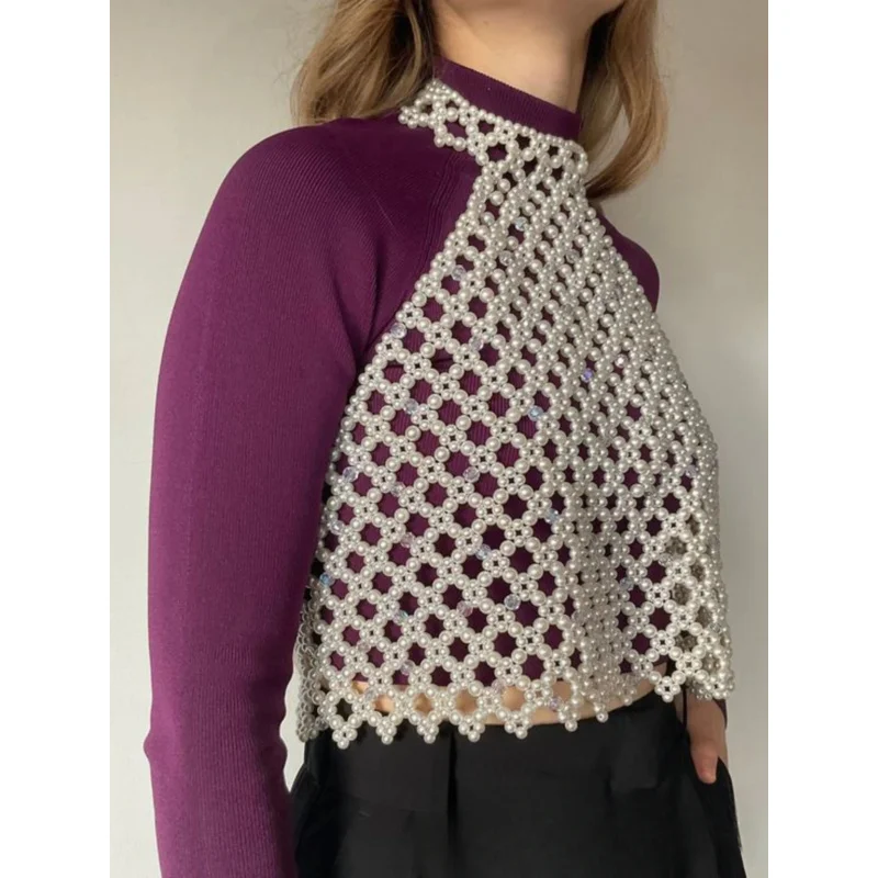 

Women Body Jewelry Sexy Bikini Grid Chest Chain Simulated Pearl Handmade Bra Chain Tank Top Body Chain Night Club Birthday Party