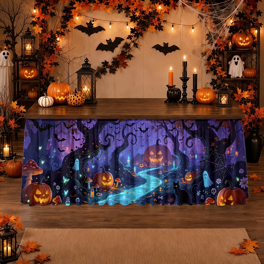 One tablecloth. Halloween pumpkin forest, glowing ghost, bat, spider web, polyester, imaginative, magical.zyc