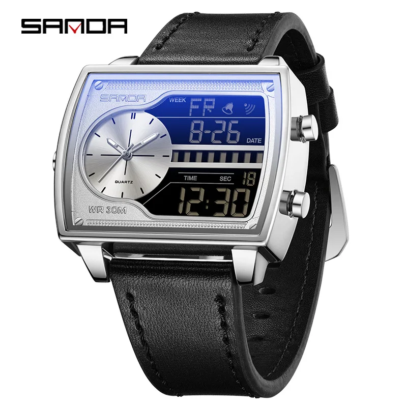 

SANDA 6163 Brand Electronic Quartz Watch Rectangular Cool Men's Multifunctional Luminous Calendar Timing Fashion Watches for Man