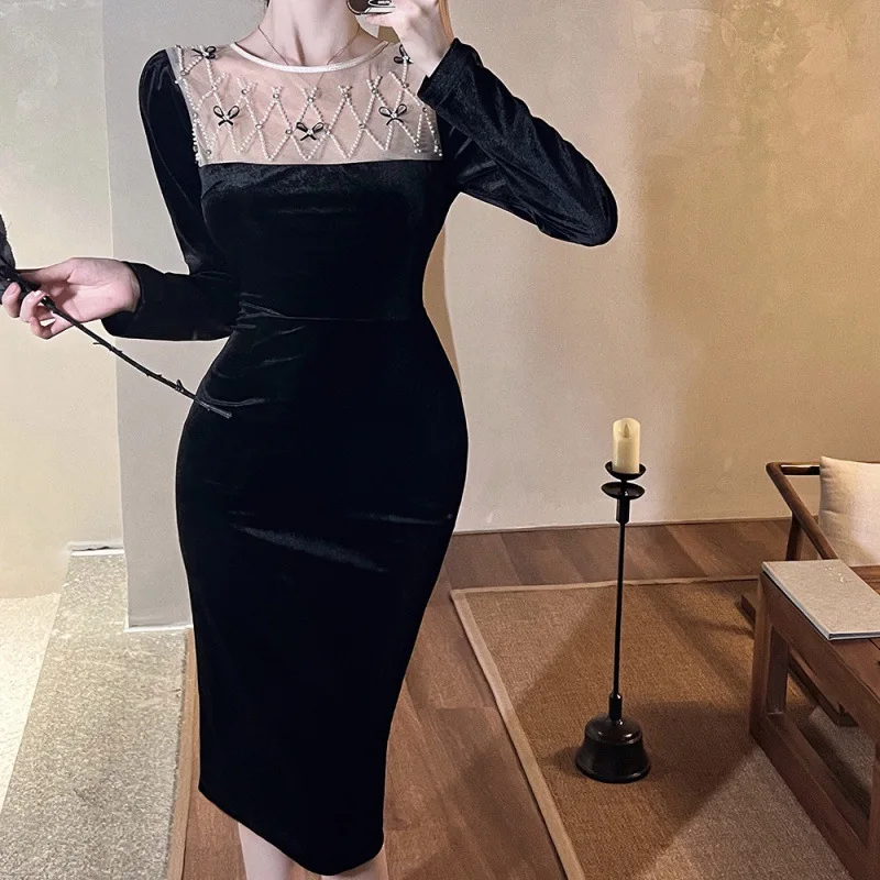 

Fashion Beaded Bow Panel Slim Fit Bag Hip Dress Women New Autumn Long Sleeve Vintage Velvet Party Dresses