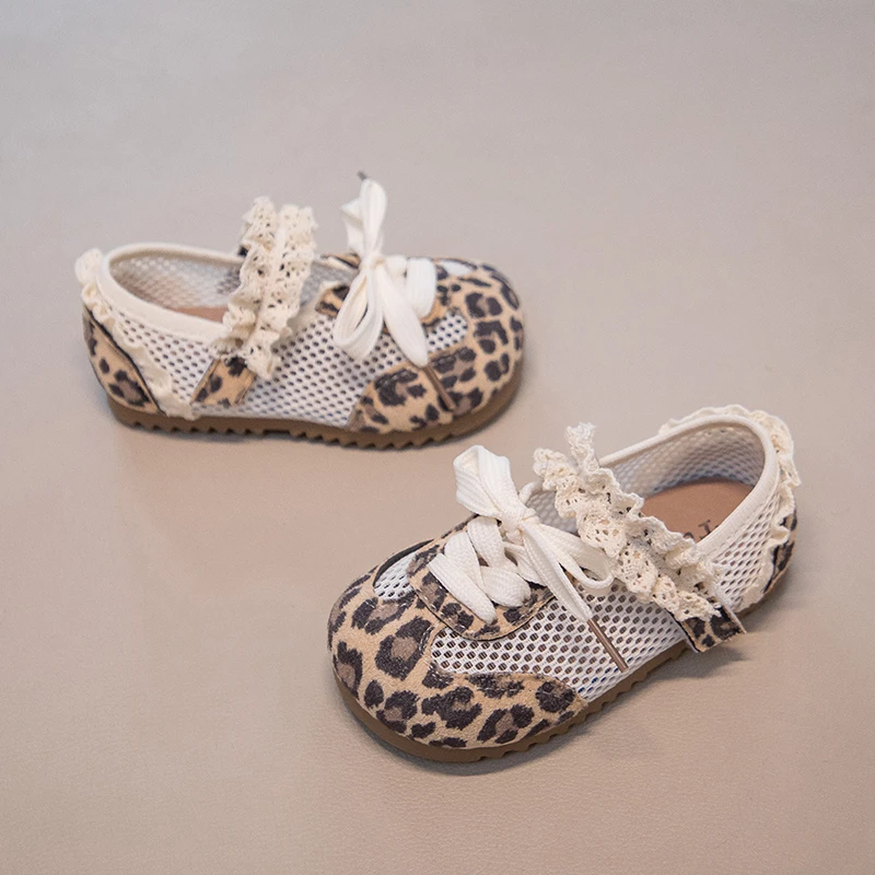 Girls Leopard Print Mesh Shoes Fashion Casual Sneakers Sweet Lace Trim Mesh Sneakers Adjustable Strap Summer Breathable Footwear