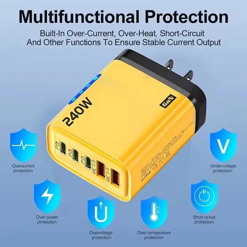 شاحن سريع Xiaomi 240W GaN مع ضوء LED 2USB + 3TypeC رأس شحن هاتف متعدد المنافذ لهاتف iPhone وسامسونج وشاومي/الكمبيوتر المحمول/الأجهزة اللوحية