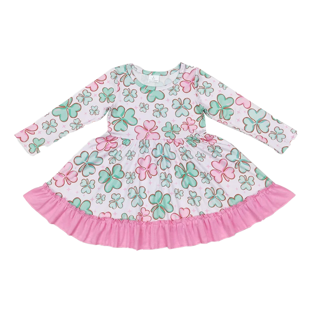 12.10 Baby Girls Dresses Baby Girls Pink Ruffle St Patrick Day Quatrefoil Twirl Dresses