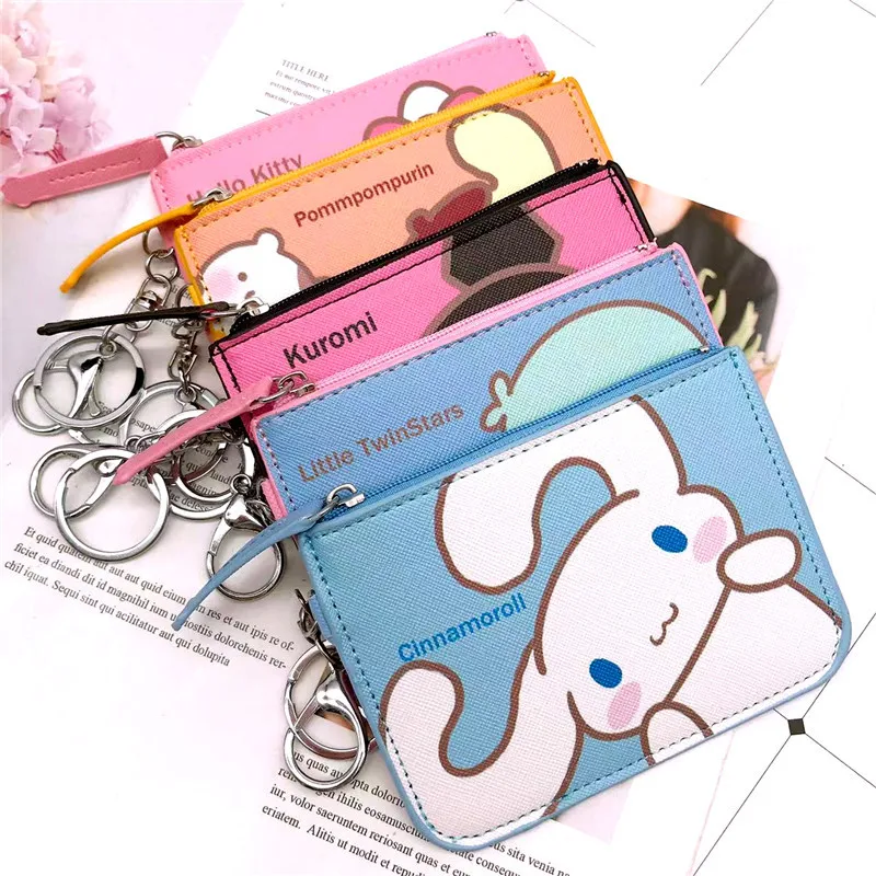 

Kawaii Sanrio Hellokitty Cartoon Wallet Kuromi Cinnamoroll Pompom Portable Cute Women Coin Credit Card Storage Bag With Keychain