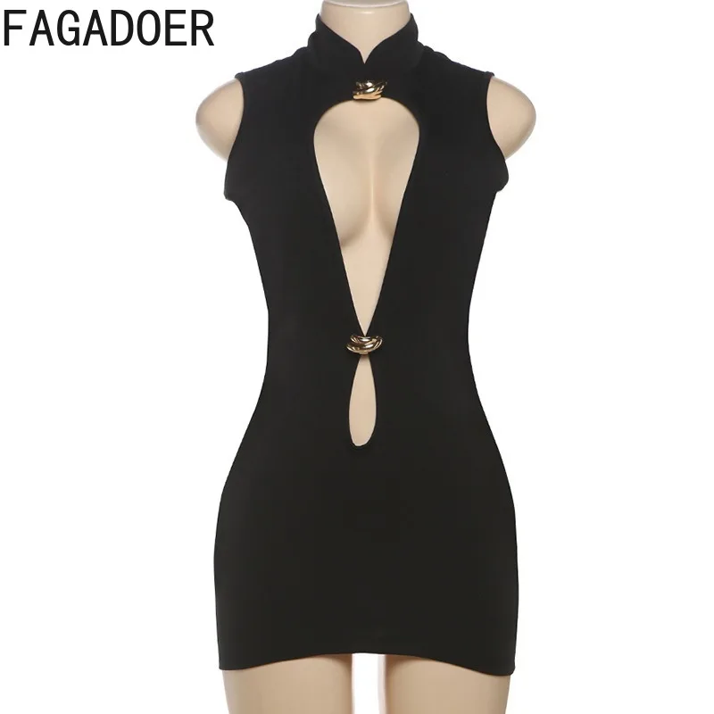 FAGADOER été nouveau Sexy évider moulante Mini robe femmes sans manches boucle en métal Patchwork robes femme fête Clubwear