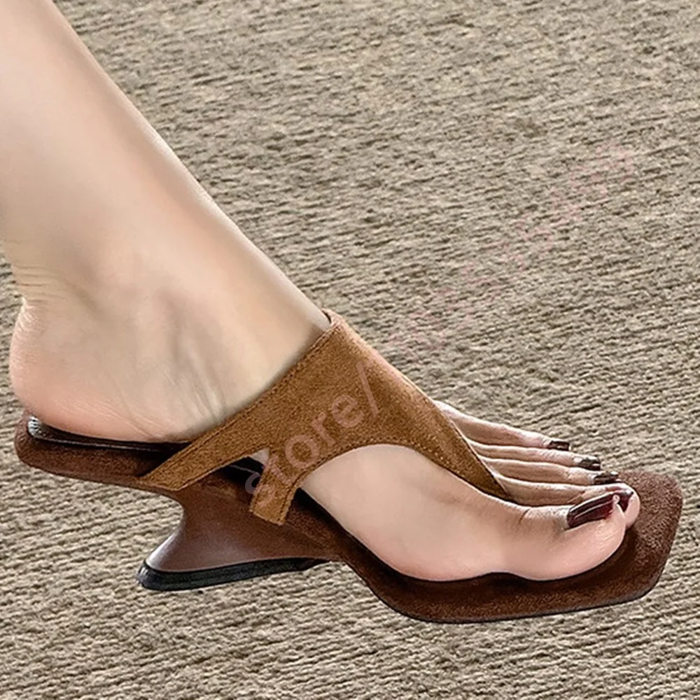 

Women's Silver Brown Colorblock Thong Heel Sandals 2026 Summer Square Toe Low Heel Slip-On Mules Summer Casual Vacation Slippers