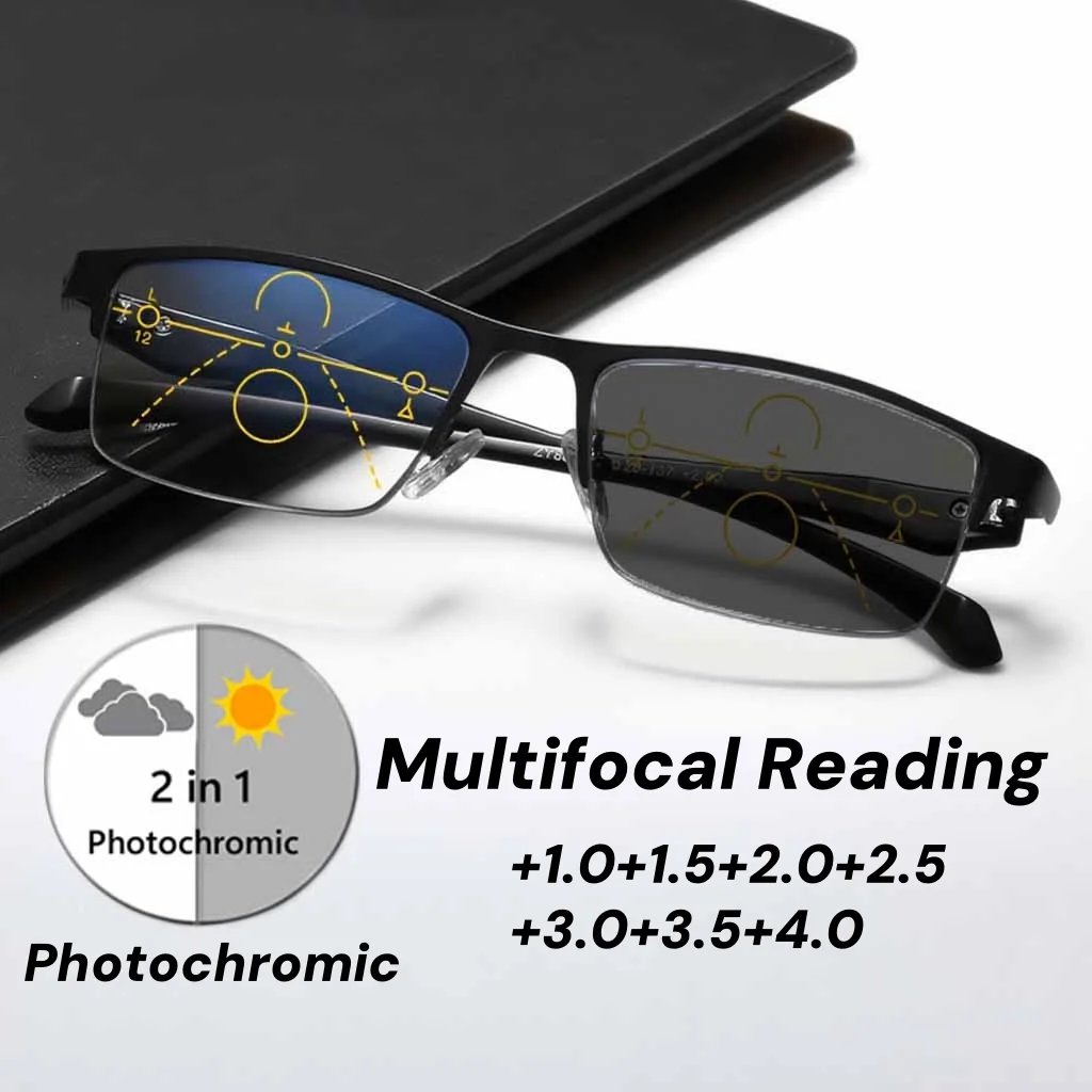 

Men Business Half Frame Photochromic Multifocal Reading Glasses Trendy High Quality Blue Light Blocking Presbyopia Eyeglasses