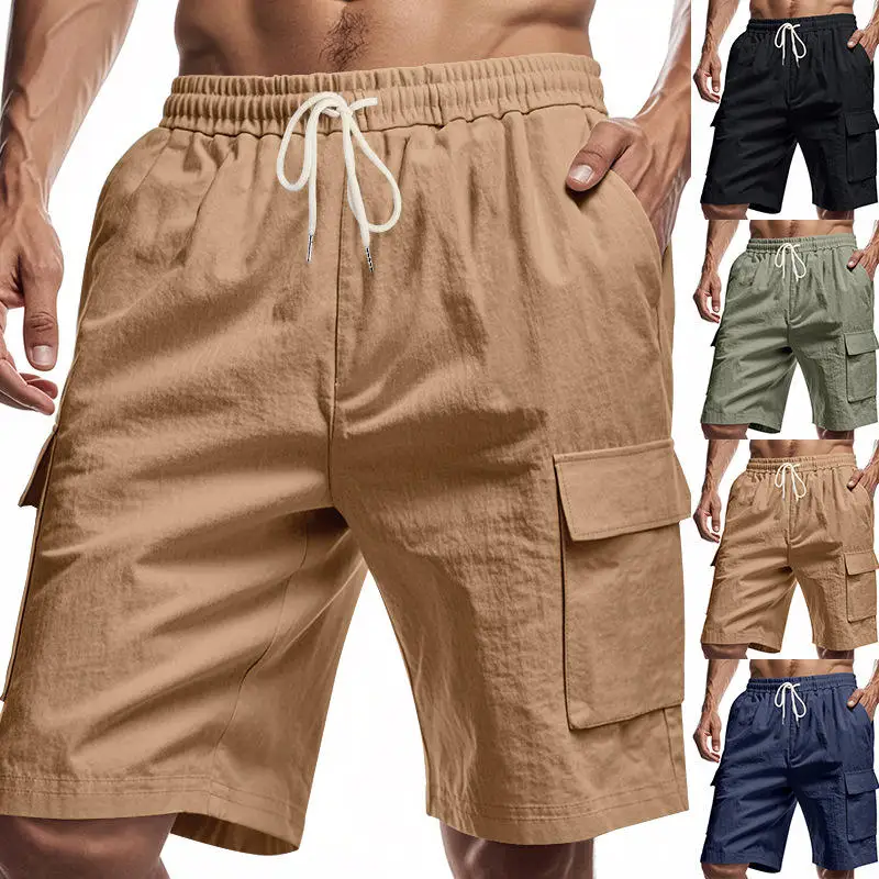 

Men's Casual Linen Shorts Beach Breathable Loose Workwear Multi-Pocket Deep Knee-Deep Slow Run Summer Shorts