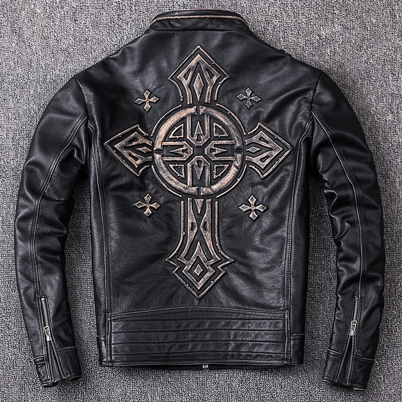 Retro Black Autumn Leather Jacket Men Vintage Style Cross Pattern Plus Size 5XL Genuine Natural Cowhide Leather Coat