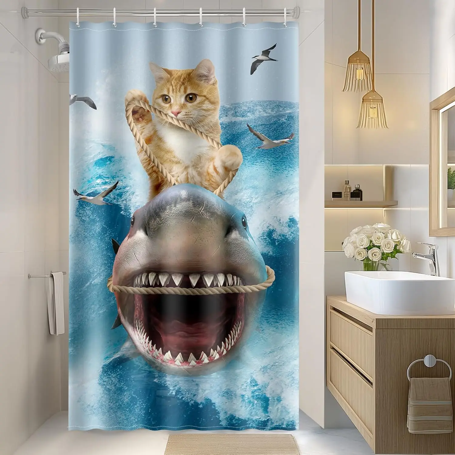 

Cat Riding Shark Shower Curtain with Ocean Waves and Seagulls Funny Animal Print