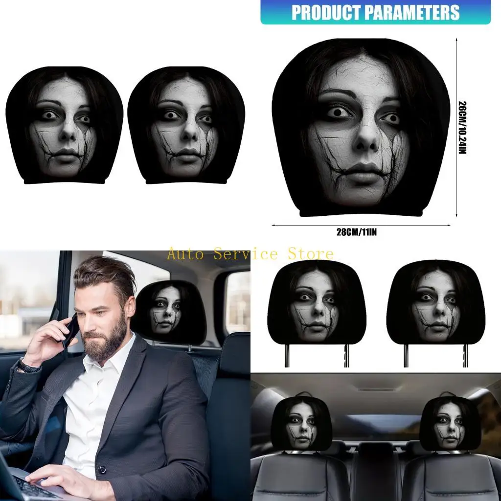 462A Set Of Two Car Headrest Covers with Horror Theme Polyester Fabric Vehicle Headrest Protectors for Most Vehicle Use