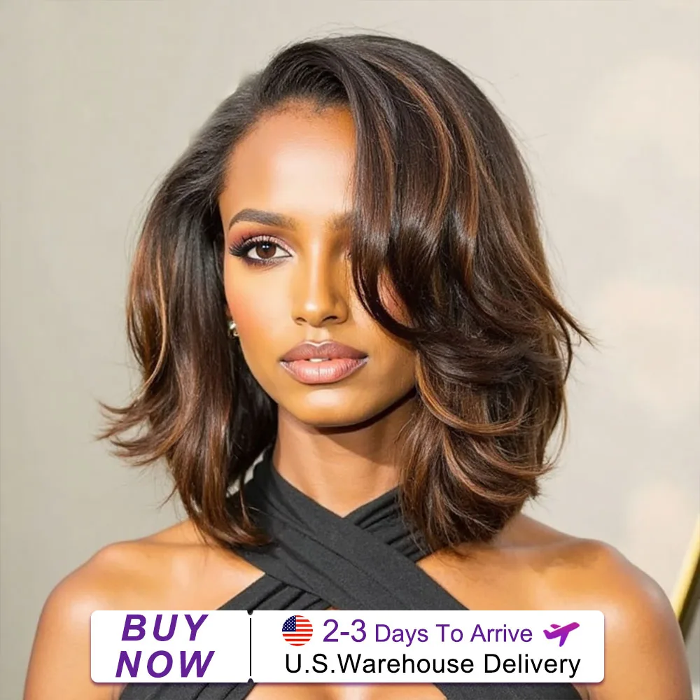 14 Polegada curto bob perucas de cabelo humano onda solta sem cola 5x5 perucas dianteiras do laço cabelo humano brasileiro ombre marrom fechamento do laço peruca