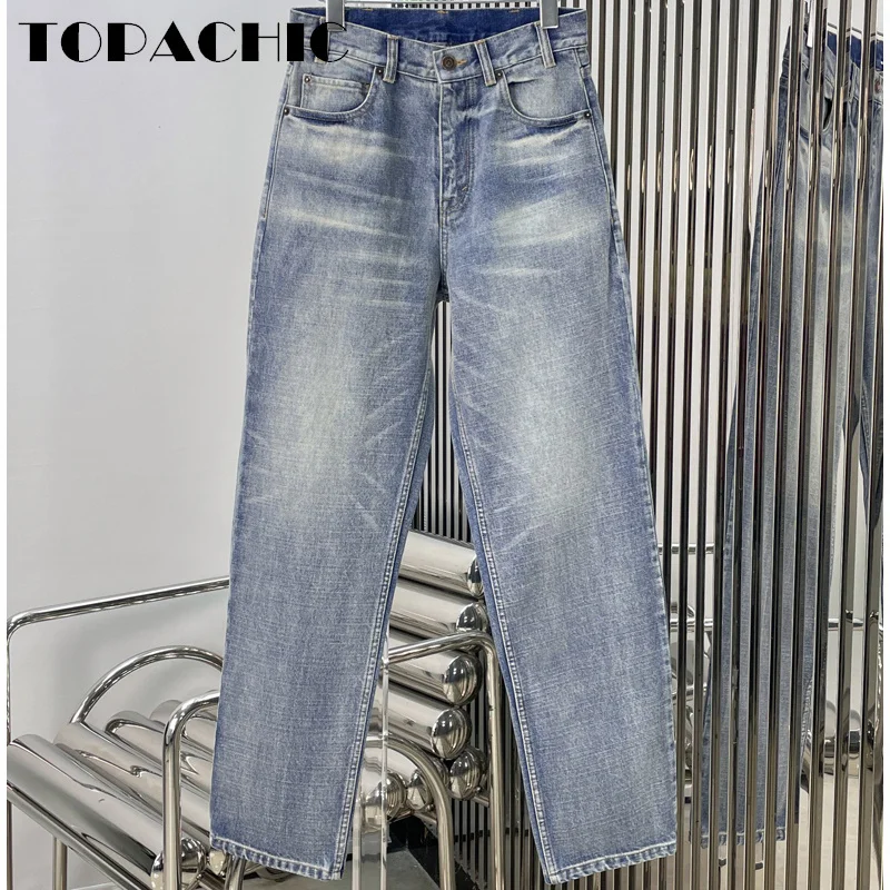 7.7 TOPACHIC Women Fashion Streetwear Washed Cotton Denim High Waist All-matches Straight Jeans