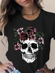 New Summer Skull Flowers Fashion Women T-Shirt Graphic TShirt Lady Harajuku Tops 90s Short Sleeve Funny Tee Shirts Girls Clothes