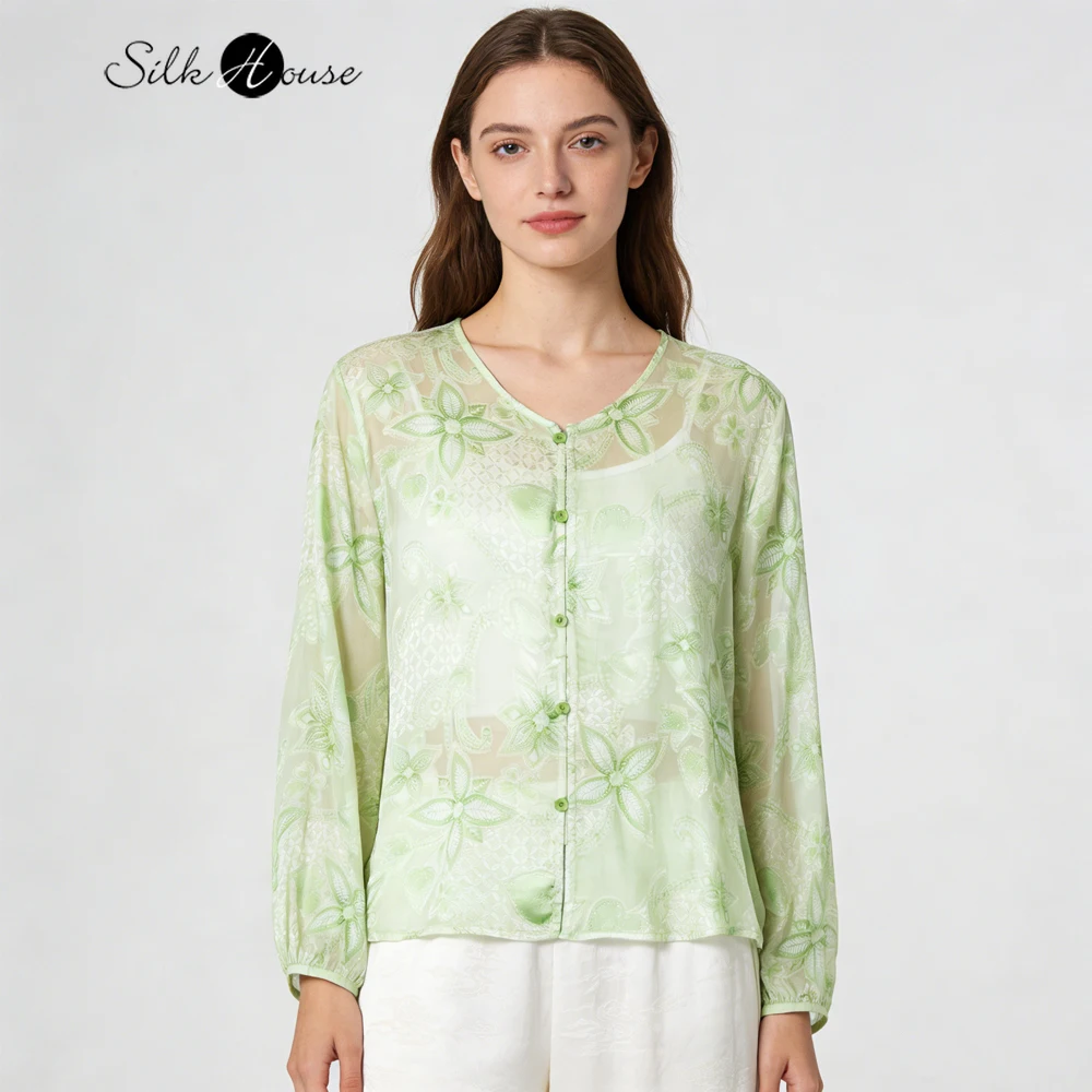 

Освежающий кардиган с принтом из 85% натурального шелка тутового шелкопряда, полупрозрачный, с V-образным вырезом, длинными рукавами, для женщин, с защитой от солнца