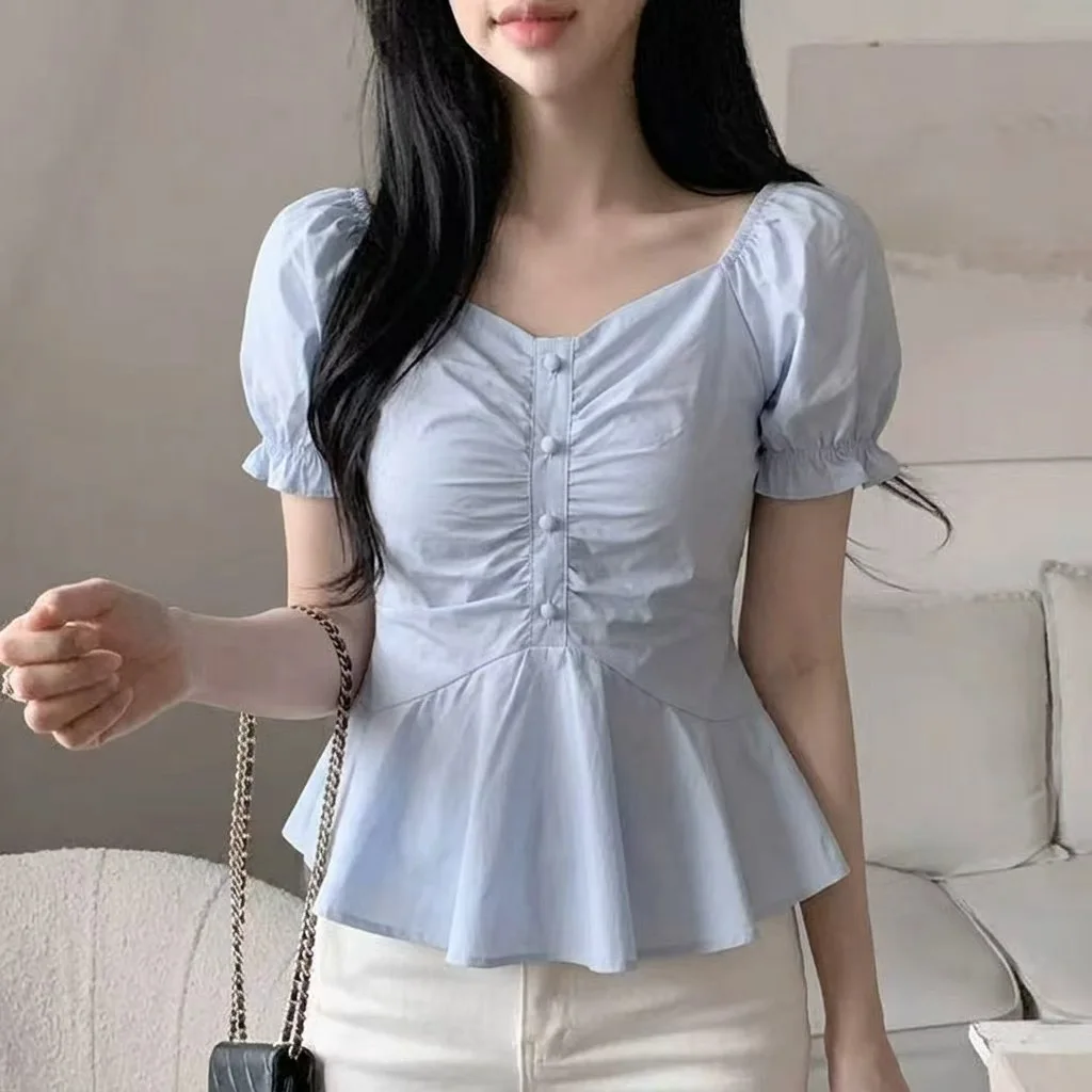 

Chic Summer Women's Shirt Gathered Waist Slim Fit Bubble Sleeve Square Collar Floral Fashionable Korean Style Polyester ...