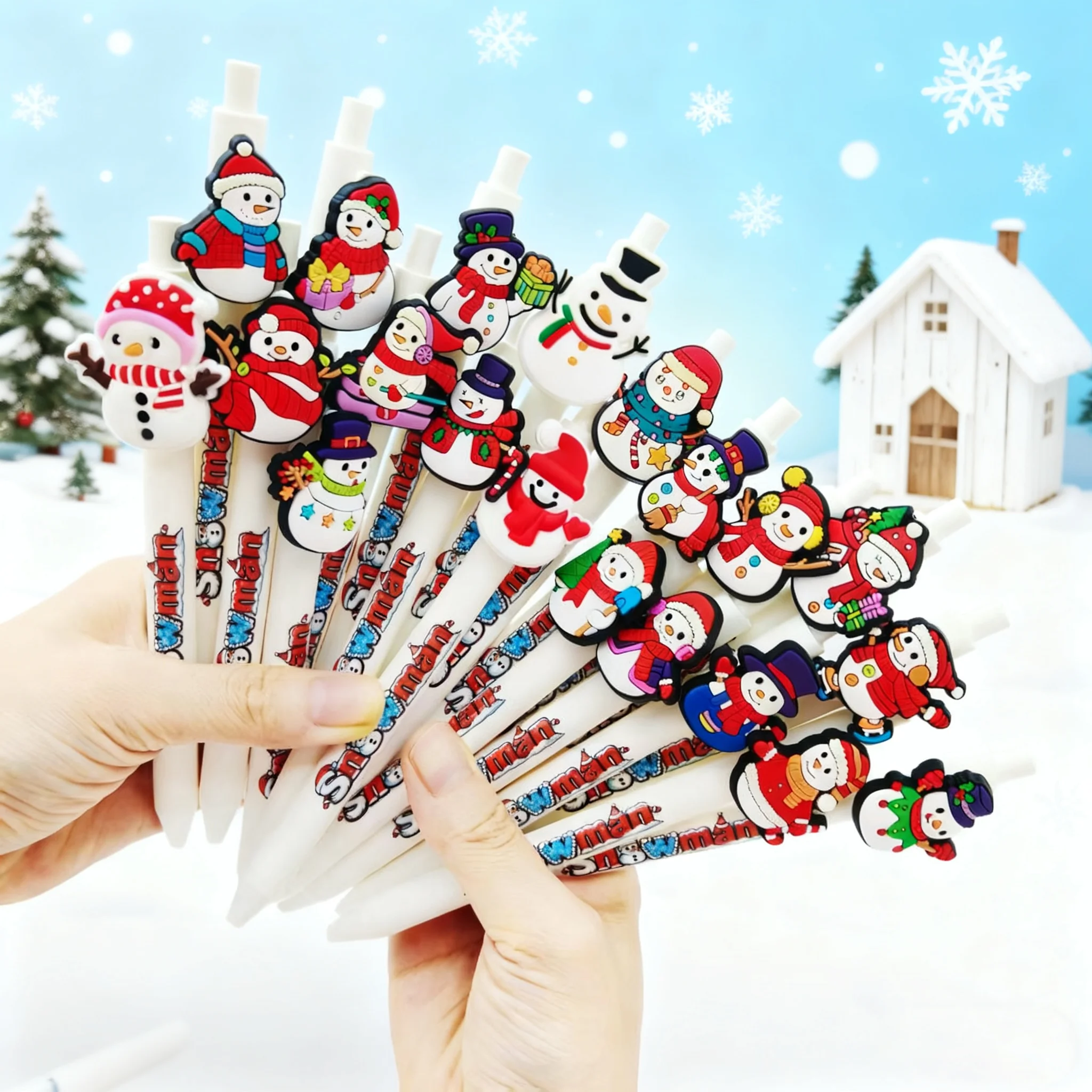 

8pcs/14pcs Christmas Snowman-shaped patch pen, white series Snowman-printed Ballpoint pen gift pen