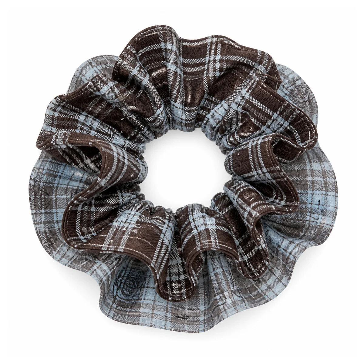 chocolate-brown-icy-blue-gray-plaid-regular-double-layer-hair-scrunchie-with-rose-linework
