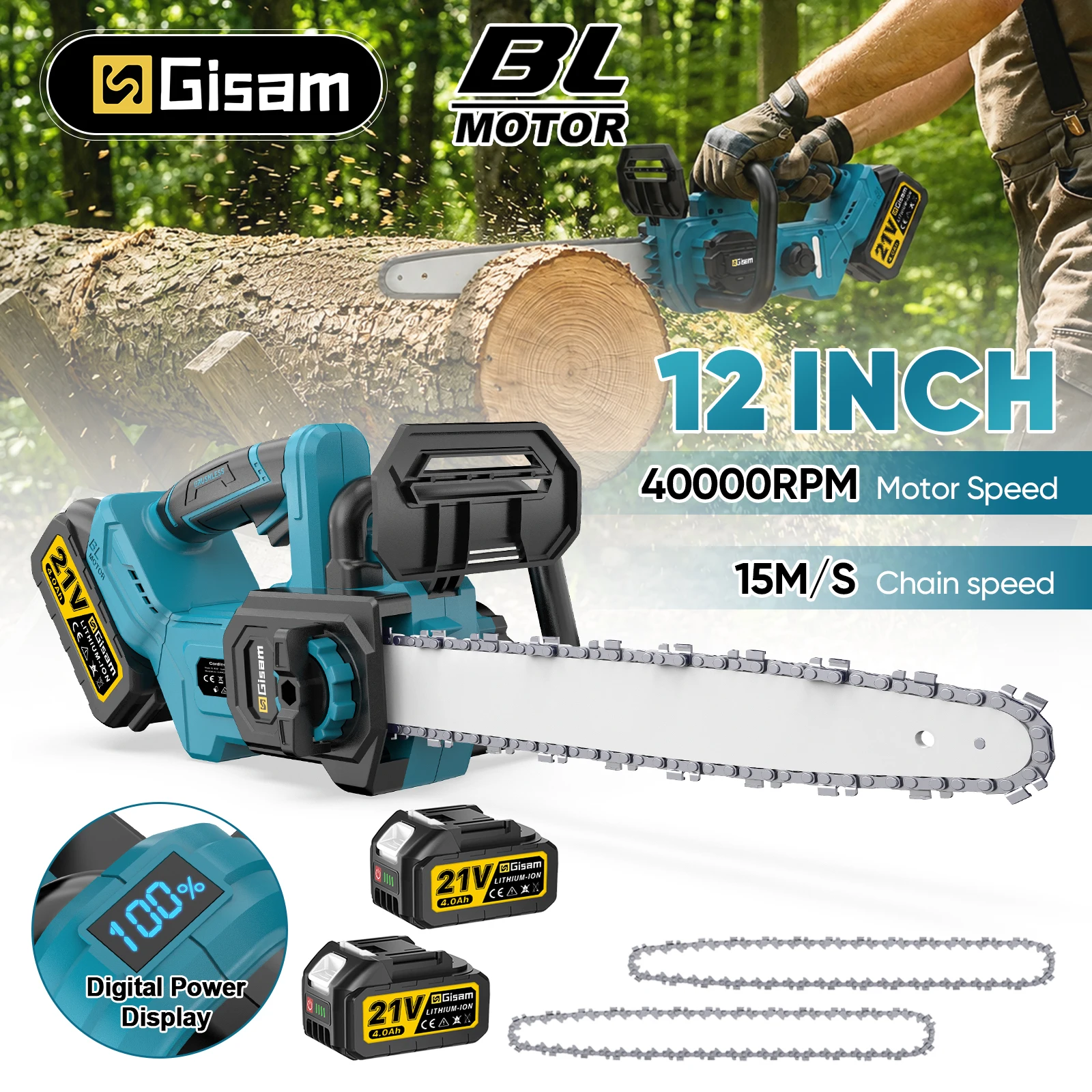 Gisam 12 Zoll Bürstenlose Elektrische Kettensäge Kabellose Handkettensäge Gartenschere Elektrowerkzeug für Makita 18V Akku