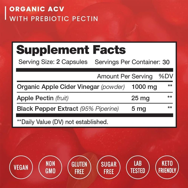Natural Organic Apple Vinegar Capsules -1000mg Natural Apple Vinegar Supplement Black Pepper Absorbs High Absorption