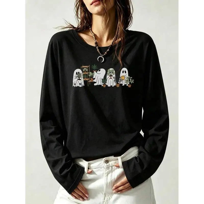 Vintage Cute Ghost Gardening Plant Graphic Long Sleeve Tee For Women,Oversized Crew Neck Top,Streetwear Holiday Daily Wear