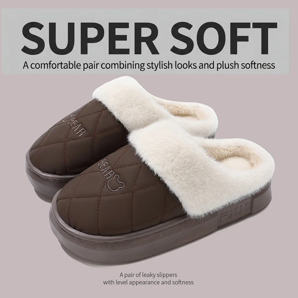 Unisex Winter Warme Plüsch-Hausschuhe für Damen und Herren, niedliche Bären-Stepphausschuhe mit Plateausohle, wasserdicht, rutschfest, für drinnen und draußen, Mules – Detail 10