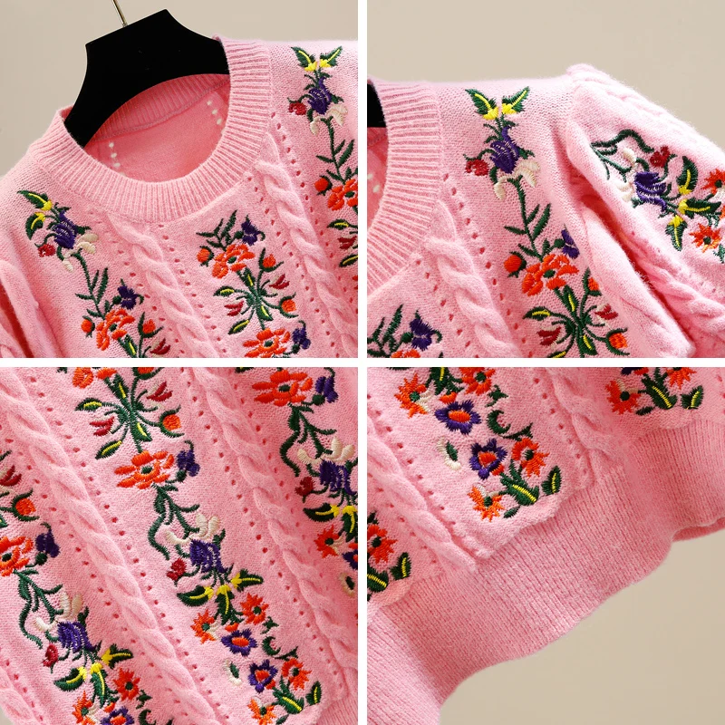 New Summer Women\'s Knitted Sweater Korean Fashion High Quality Floral Embroidery Short Sleeve Knitwear Woman Casual Jumper