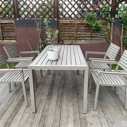 Juego de mesa y sillas de madera de comedor con marco de aluminio, muebles de jardín modernos para patio al aire libre