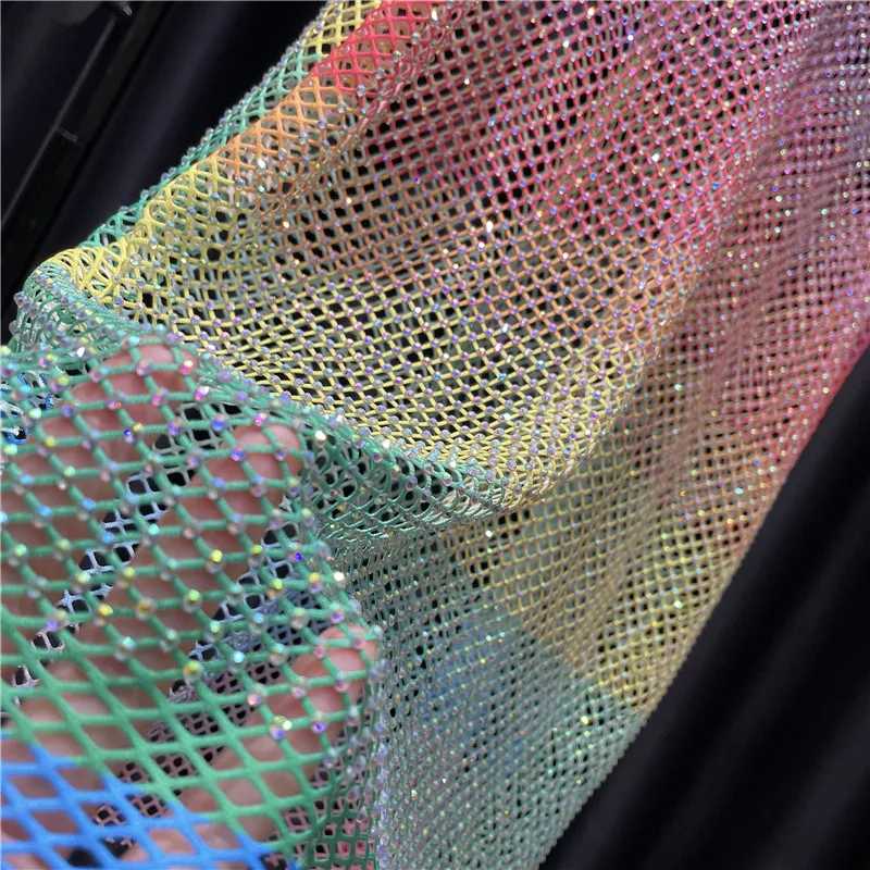 Women&Men Neon Crystal Colorful Rhinestones Shiny Sexy Y2K RainbowTank Tops Party Club Sexy See Mesh Hollow Out  65cm long