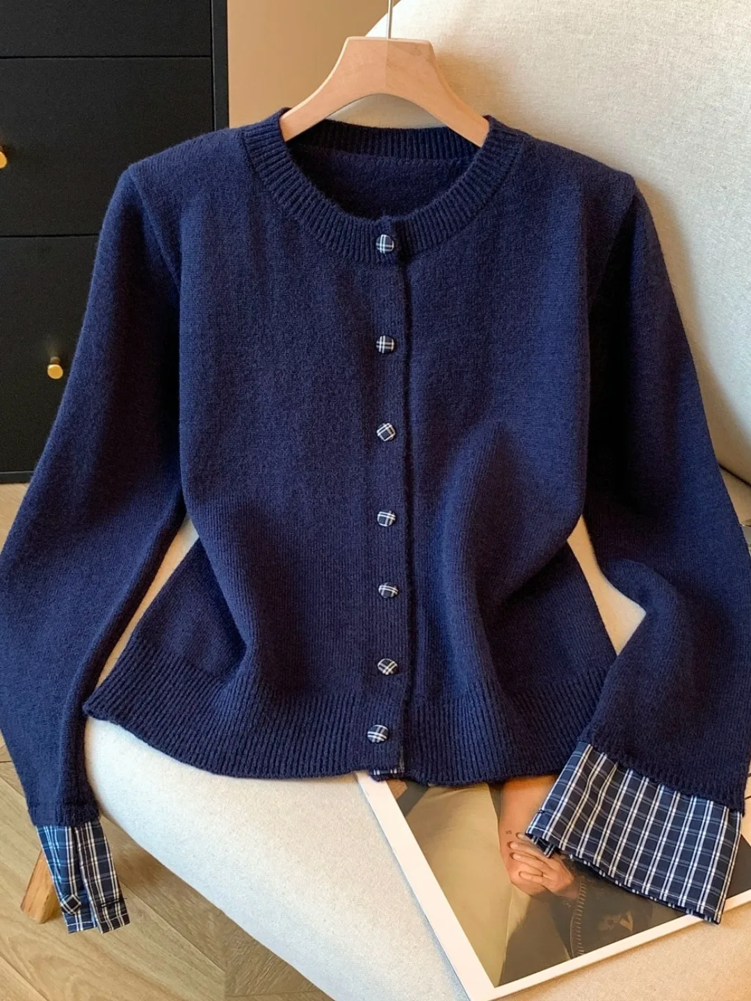 

Женский длинный вязаный открытый кардиган све, осенне-зимний клетчатый свитер, пальто, самозащитное пальто, корейская версия Sl...