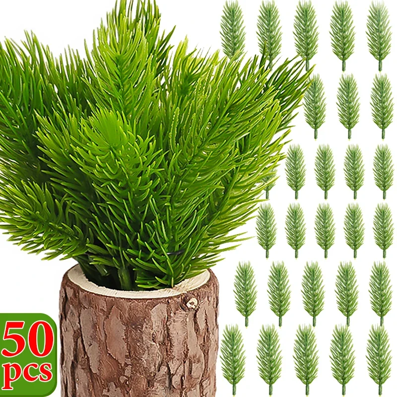 Mini Artificial Pine Needle Branches DIY Green Snow Pine Branch Fake Plants Christmas Tree Ornament Wreath Home Decor Wholesale