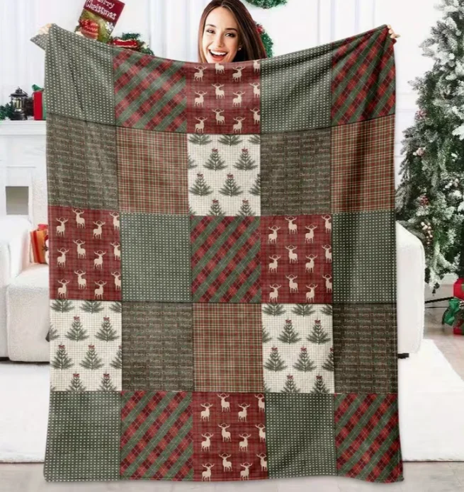 Vintage Warm and Cozy Christmas Reindeer Buffalo Plaid Puzzle Print Flannel Throw Blanket Gift for Christmas Bed and Sofa Decor