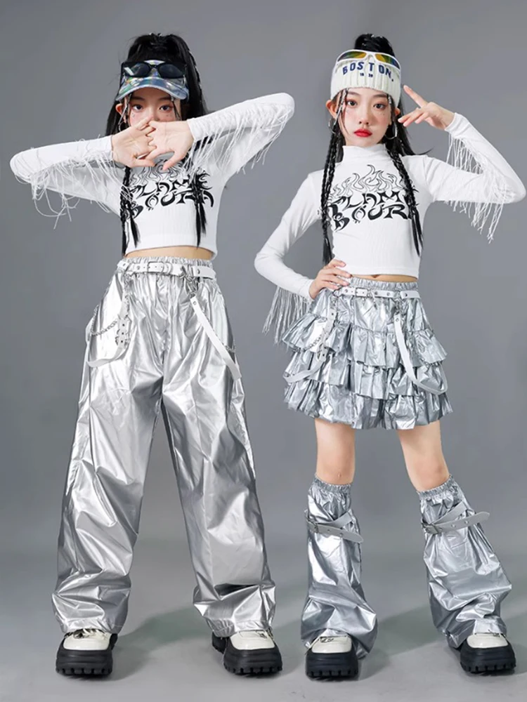 Mädchen Silber Jazz Dance Kostüm Quaste Crop Tops Hosen Rock Hip Hop Performance Kleidung Festival Bühne Set Straße Tragen BL14478