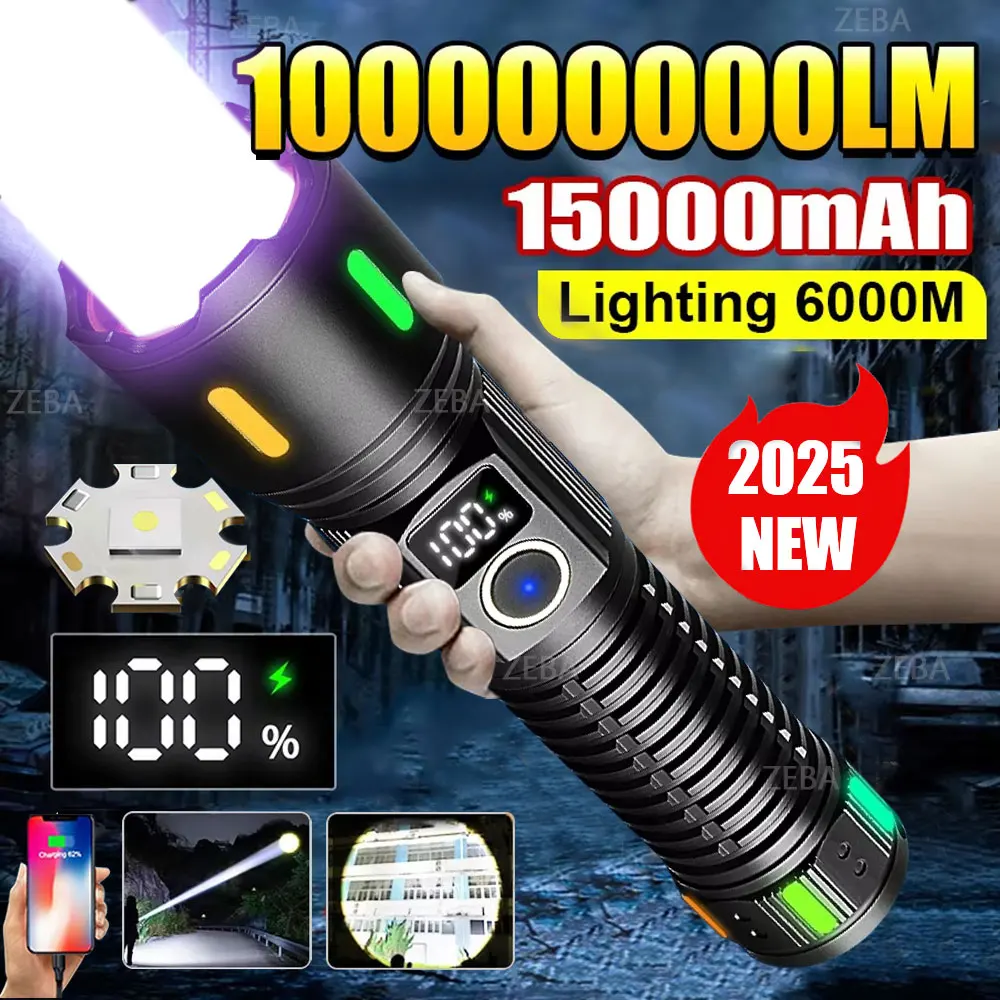 

Новинка 2025 года, 15000 мАч, белые лазерные фонарики, 100000 лм, сверхмощный фонарик с зумом, USB перезаряжаемый фонарь, уличный фонарь для кемпинга