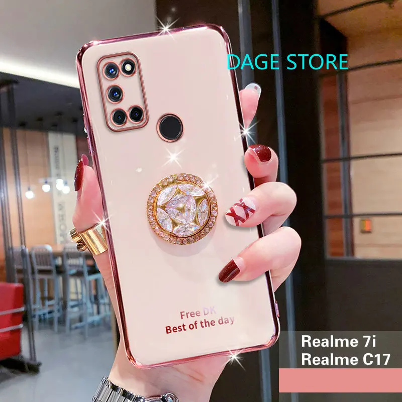 For Realme 7i / C17 / 7 Pro Electroplated Case Bling Crystal Holder Cover Soft TPU Back Cover