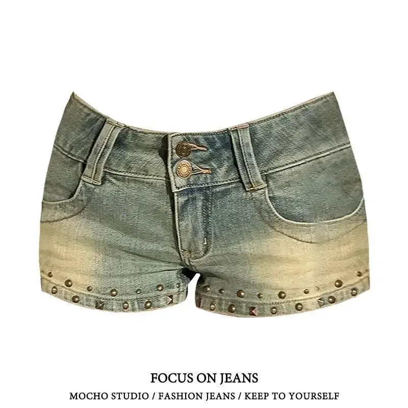 Amerikaanse retro lage taille denim shorts dames heupbedekkende high street klinknagel trendy mode vrije tijd dagelijks sexy meisjes zomer chic