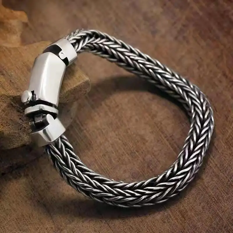 S925 Sterling silver vintage pure hand-woven twist thick keel men's and women's bracelet personality jewelry