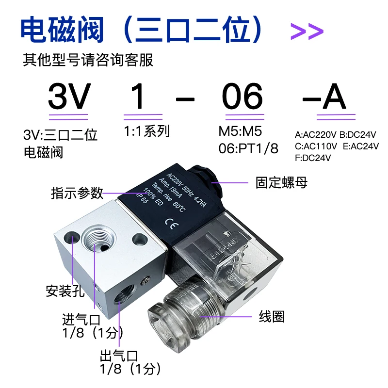 โซลินอยด์วาล์ว 2V025-08/3V1/3V210 2-way วาล์วขดลวดแม่เหล็กไฟฟ้า 2-way 3-way วาล์วย้อนกลับ