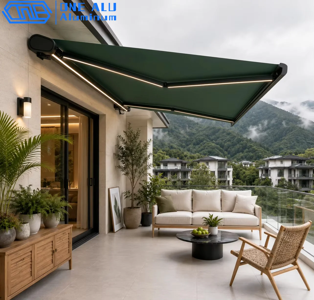Premium Electric Retractable Awning Outdoor Waterproof Patio Canopy With Remote Control Wind Sensor LED Lights Aluminum Sunshade