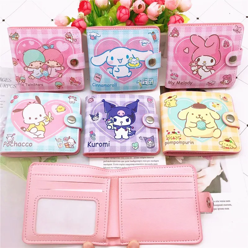 Kawaii Cartoon PU Leather Wallet Sanrio Hello Kitty Cinnamoroll Casual Short Wallet Cute Anime Button Card Holder Coin Purse