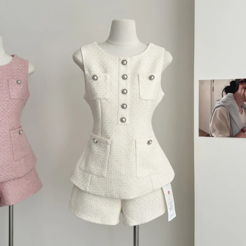 High Quality Female Tweed Sleeveless Vest Top High Waist Shorts Set Women French Slim Summer Sweet Girl Lady Two Piece Outfits
