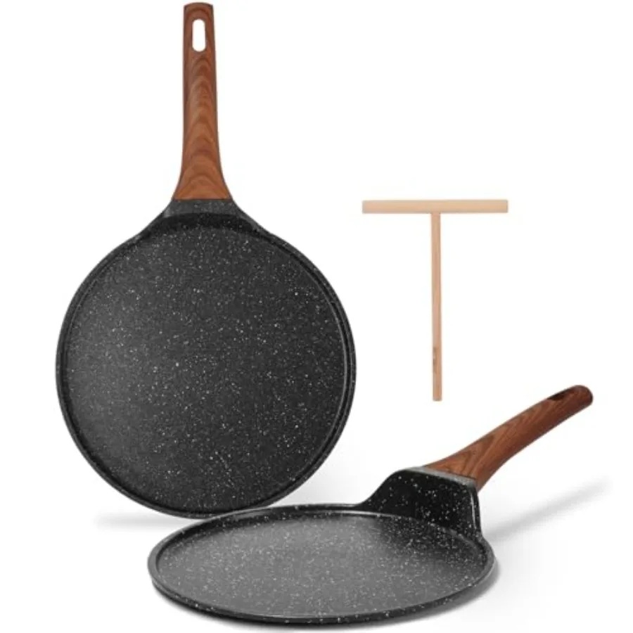 Juego de Sartenes Antiadherentes para Crepas con Espátula, 9.5 y 11 Pulgadas, Revestimiento de Granito, Sartén Plana para Dosa, Tawa, Comales, Tortillas y Panqueques