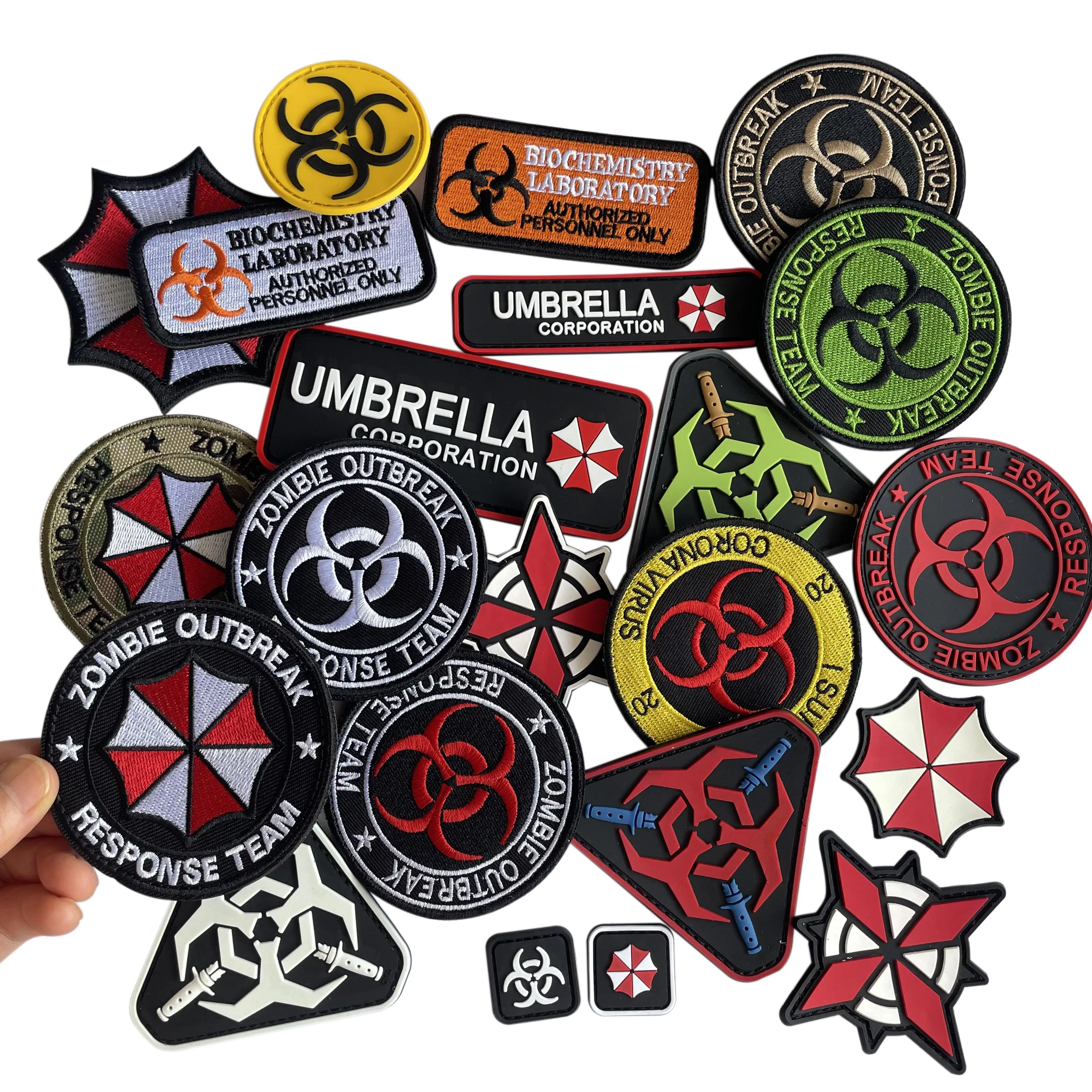 1 Stück, 2 Stück/ Umbrella Corporation PVC-Gummi-Moral-Emblem, Biohazard-Abzeichen, gestickte Aufnäher, taktische Rucksack-Abzeichen