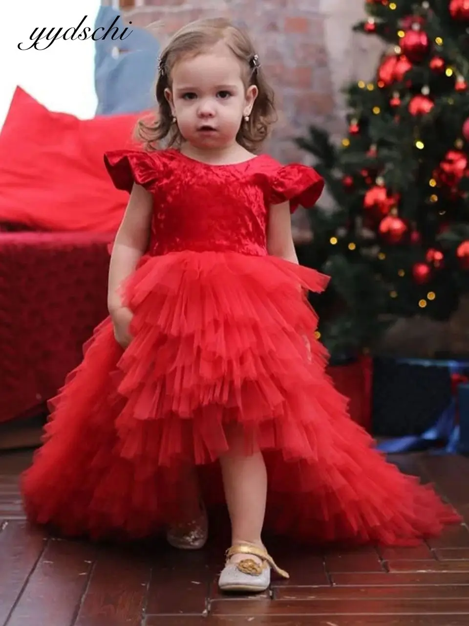 2022 Red Flower Girl Dress For wedding Tulle Appliques Bow Girls Party Gown abito da prima comunione bambini Princess Pageant Dress