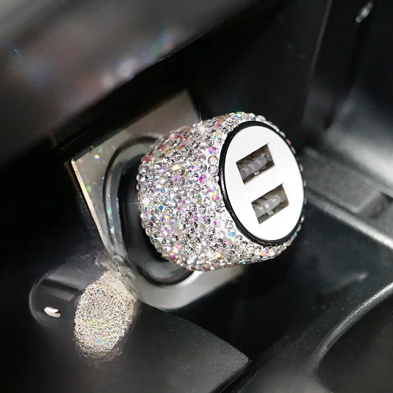Diamond-encrusted Car USB Charger One to Three Universal with Data Cable Mobile Phone Charging Car Interior Supplies image 5