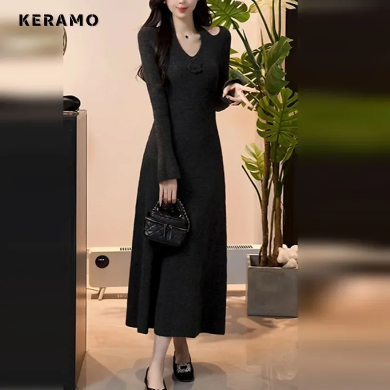 2025 الربيع الإناث كلوبوير عالية الخصر سليم صالح فستان أسود المرأة مثير كم طويل الخامس الرقبة الأزهار يزين غمد فساتين متوسطة الطول